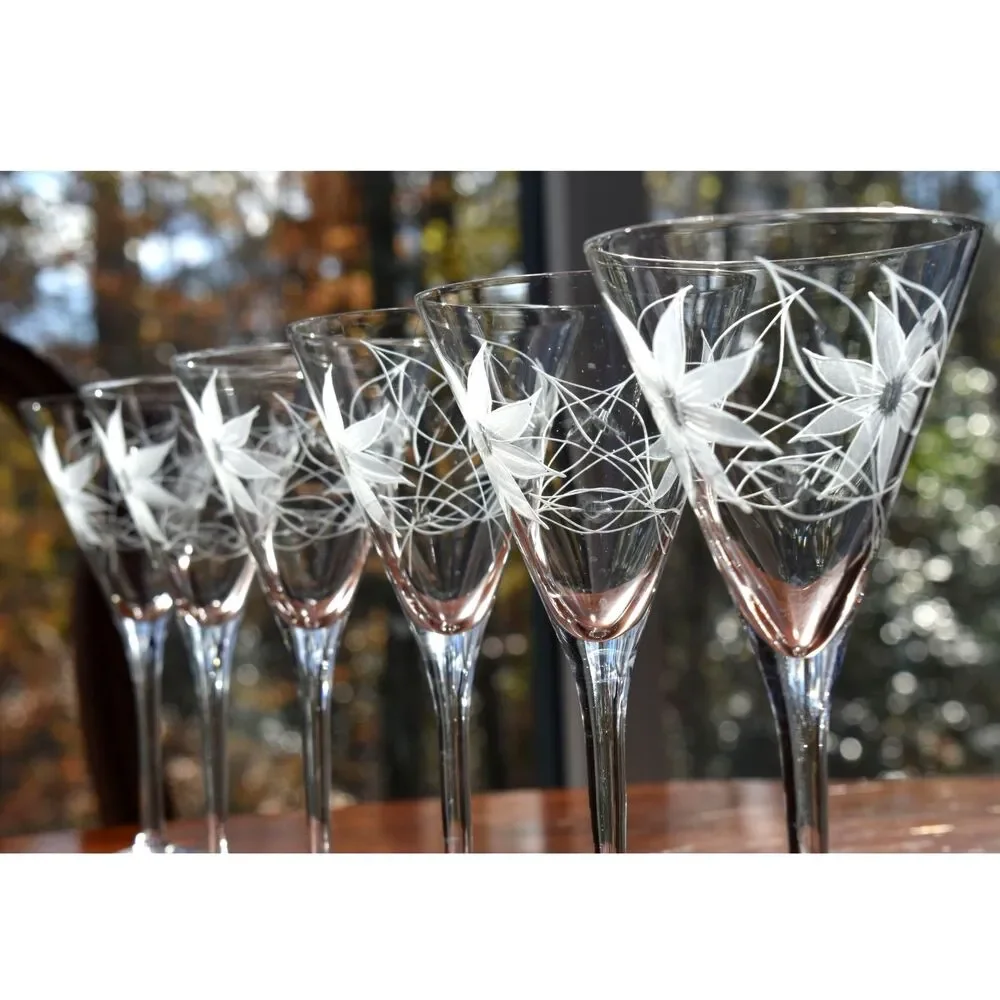 Set of 6 Hand-Blown & Etched Water Goblets – UNK257 Pattern